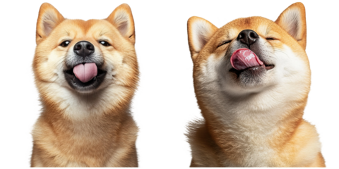 Two Shiba Inu dogs showing joyful expressions, one with its tongue out and the other licking its nose.