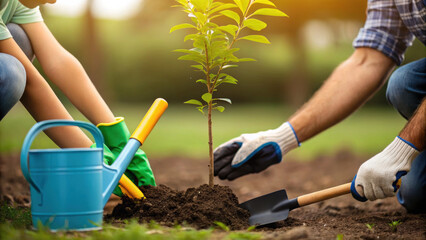 Father and son are planting young tree together, showcasing moment of bonding and environmental care. scene captures joy of nurturing nature, with gardening tools and watering can nearby