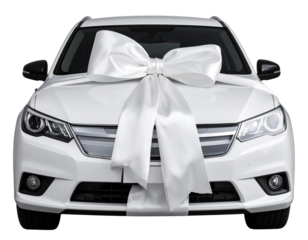 Car covered with fabric gift wrap and large decorative bow isolated on transparent background PNG