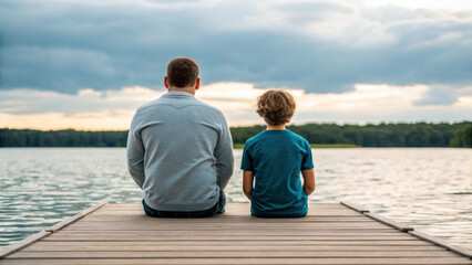 Father and son sit together on wooden dock, their feet dangling above water, enjoying peaceful moment as sun sets behind clouds