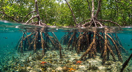 Mangrove roots submerged in clear water with marine life visible at low tide in a tropical environment