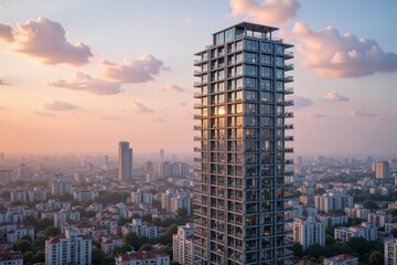 A modern high-rise apartment building glows warmly in the golden light of sunset, standing tall against the evening sky