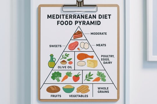 hospital nutrition consult supports patient recovery and health goals. A Mediterranean diet food pyramid illustrating recommended food groups and consumption levels