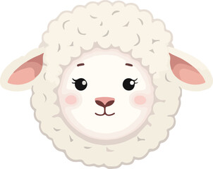 Adorable cartoon lamb's face, fluffy white wool, pink ears and cheeks, sweet expression.