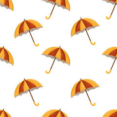 Seamless autumn pattern with yellow and red umbrellas on a white background. Cartoon vector