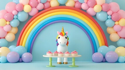 Fototapeta premium Whimsical unicorn and rainbow balloon arch birthday celebration