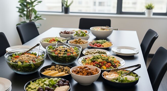 A beautiful and healthy catered lunch spread for employees in a modern office meeting.