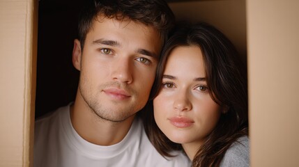 Obraz premium housing crisis, American dream, A close-up portrait of a young man and woman with neutral expressions, looking directly at the camera.
