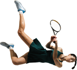 Female tennis player spinning in air with legs extended upward and determined face on transparent background. Concept of summer games, women tennis, strength, aerial motion, dynamic visuals.