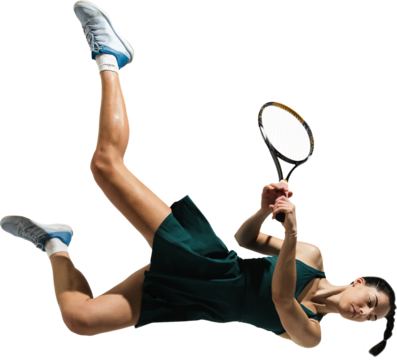 Female tennis player spinning in air with legs extended upward and determined face on transparent background. Concept of summer games, women tennis, strength, aerial motion, dynamic visuals.
