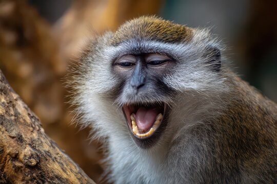 Playful monkey laughing joyfully while perched on a branch in a natural habitat filled with greenery and vibrant surroundings