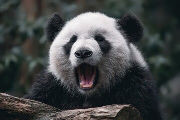 Obraz premium Panda yawning in a natural habitat surrounded by greenery displaying a moment of relaxation and calmness