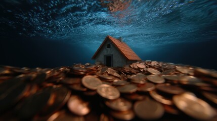 housing crisis, American dream, A small house submerged underwater rests atop a large pile of scattered coins, symbolizing financial struggles or debt.