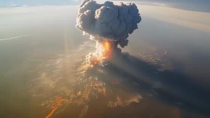 View from the air large explosion with a mushroom cloud is rising from the ground under golden sunlight with ripple effects. The concept of war and a nuclear bomb. - Powered by Adobe