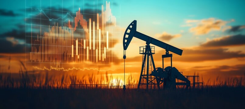 Beautiful Sunset Over Oil Fields with Financial Graphs Illustrating Global Energy Investment Trends