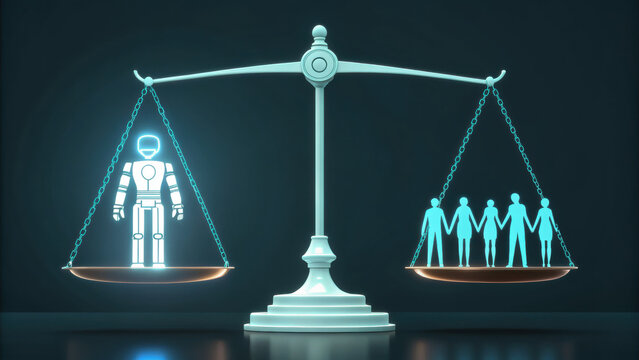 Glowing balance scale features robot on one side and group of human figures on other, symbolizing balance between technology and humanity. This evokes sense of harmony and coexistence