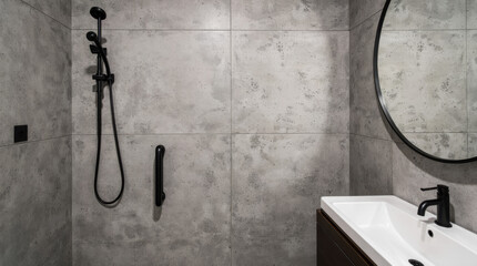 Minimalist industrial bathroom with black fixtures