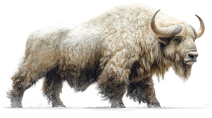 Majestic shaggy bovine trudging through snowy terrain