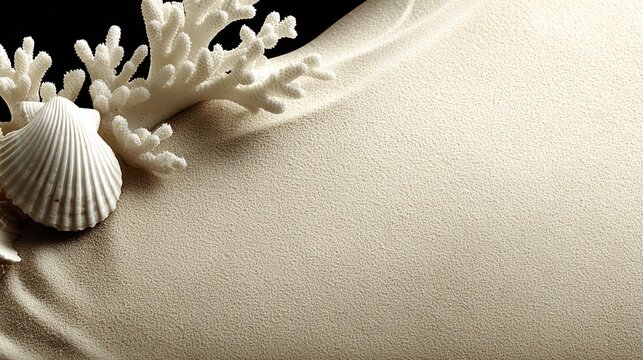 A serene composition featuring seashells and coral against a textured sandy background, perfect for beach-themed designs, travel blogs, or products related to the ocean and relaxation,