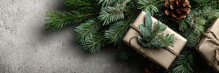 Festive gift arrangement with greenery on a textured surface during the holiday season