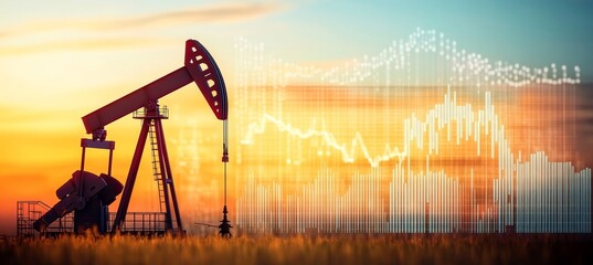 Oil Pump Silhouette Against Golden Sunset with Market Price Charts and Economic Forecast Analysis