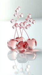 Elegant Pink Cherry Fruit with Metallic Berries and Stems on White Reflective Surface