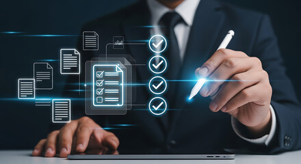 A businessman in a suit uses a stylus to complete a digital checklist on a futuristic interface.