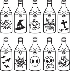 Set of Halloween themed black and white bottle icons with spooky designs for decoration and crafts