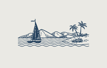 Vector seascape against mountains. Line art Tropical island with sailboat and two palm trees. Serene ocean view.