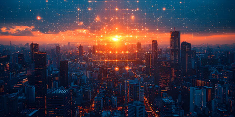 Fototapeta premium Digital Network Connects Illuminated Cityscape at Sunset