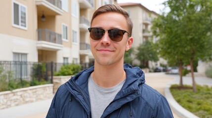 housing crisis, American dream, A young man wearing sunglasses and a navy jacket smiles confidently outdoors in a residential neighborhood on a bright day.