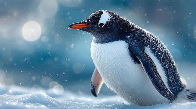Christmas background a cute gentoo penguin stands in the snowy landscape during winter
