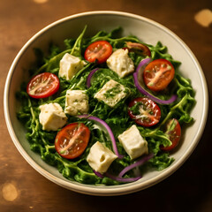 Fresh arugula salad with cherry tomato slices, herb-crusted cheese cubes, and purple onion rings in a white bowl.