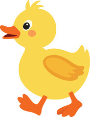 A cheerful cartoon duckling walking with its orange beak open.