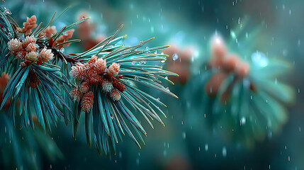 Christmas background pine cones and needles glisten with water droplets