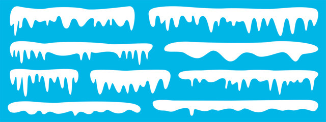 Set of simple snowy icicles border, snow caps vector winter elements