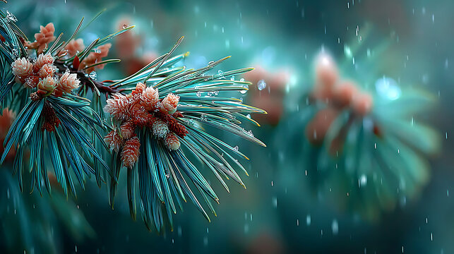 Christmas background pine cones and needles glisten with water droplets - Powered by Adobe