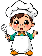 A cute cartoon illustration of a young boy dressed as a chef, holding a whisk and smiling happily. Adorable baker character mascot.