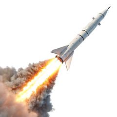 Powerful white rocket launching with fiery exhaust and smoke isolated on transparent background