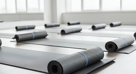 A row of neatly rolled-out yoga mats in an empty studio, ready for a class.