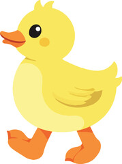 A cartoon duckling, yellow in color, walking forward with a cheerful expression.