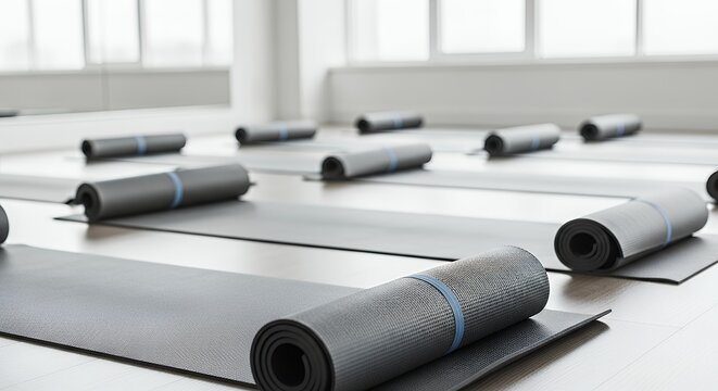 A row of neatly rolled-out yoga mats in an empty studio, ready for a class.