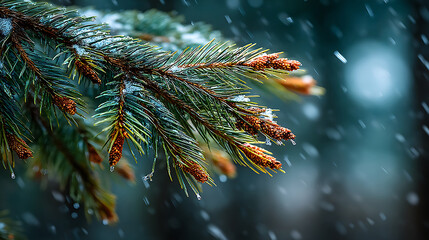 Christmas background pine tree branch covered in snow during a winter snowfall