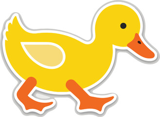 A cheerful cartoon duckling walking with its orange feet and beak.