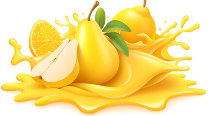 Vibrant Yellow Pears and Orange Slice in a Juice Splash, Isolated