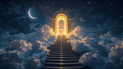 Mystical Golden Archway in Cloudy Night Sky with Crescent Moon and Starry Background