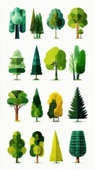 Various types of stylized trees showcasing different shapes and colors in a vibrant forest illustration