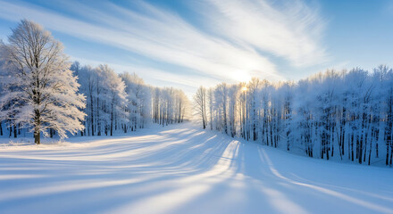 Obraz premium Pristine winter landscape in a remote forest clearing for seasonal travel promotion and environmental conservation awareness