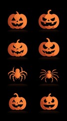 Digital illustrations of Halloween pumpkins and spiders in a dark setting for festive decorations and designs
