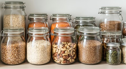 A beautifully organized pantry with glass jars of healthy staples like oats, lentils, and nuts.
